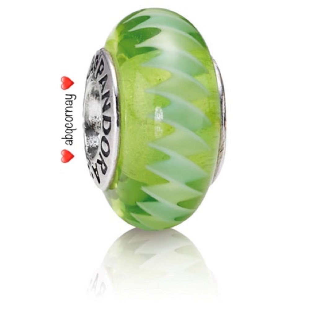 Pandora 790616 Sterling Silver Green Murano Glass Zig-Zag Bead EUC